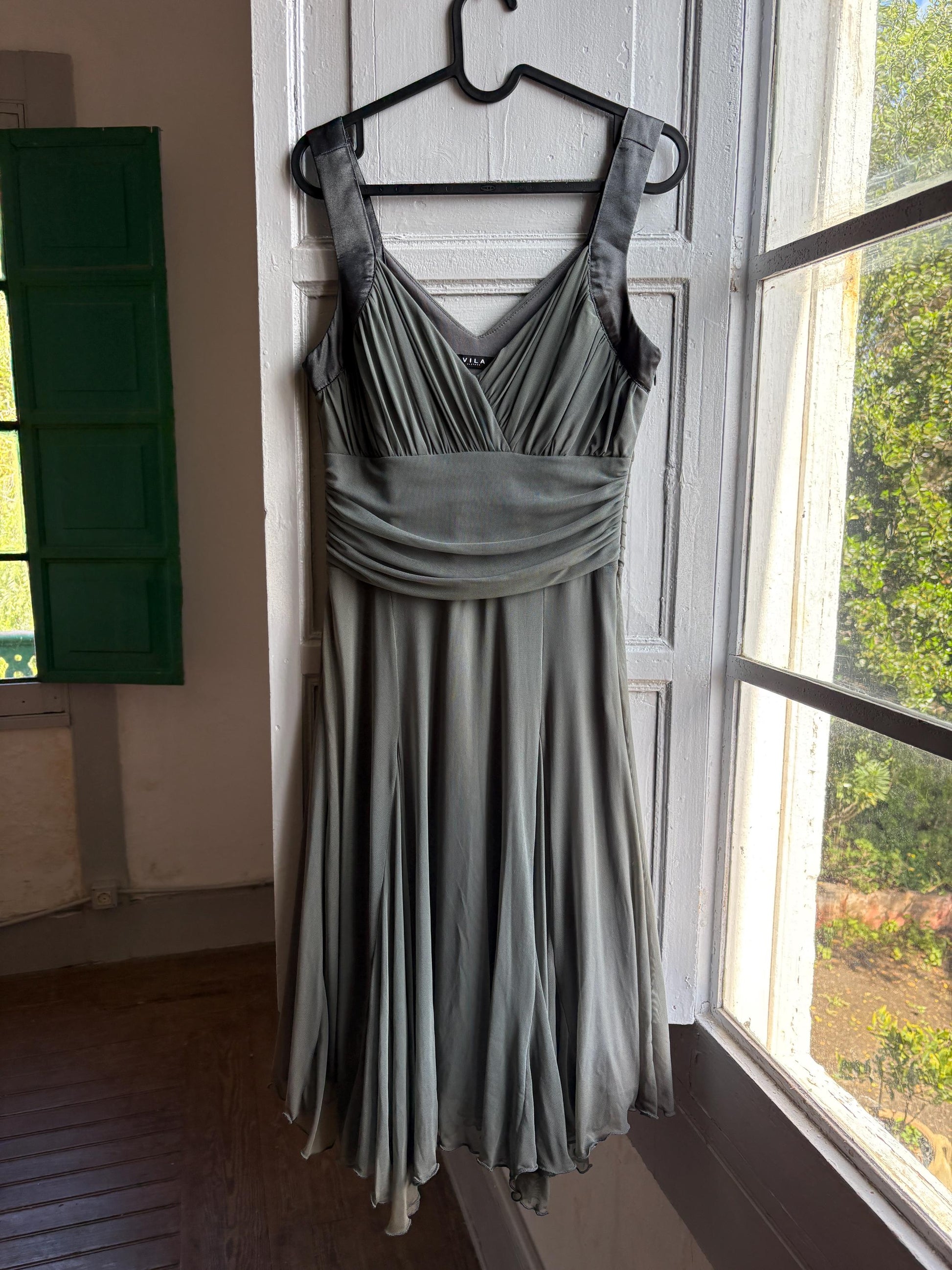 Grey flowy dress, draped design with ruched waist, minimalist evening wear, size M