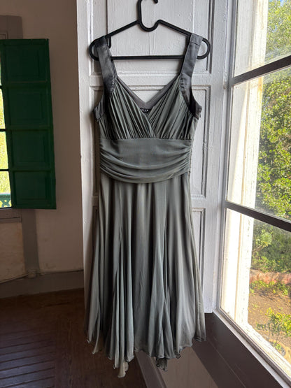 Grey flowy dress, draped design with ruched waist, minimalist evening wear, size M