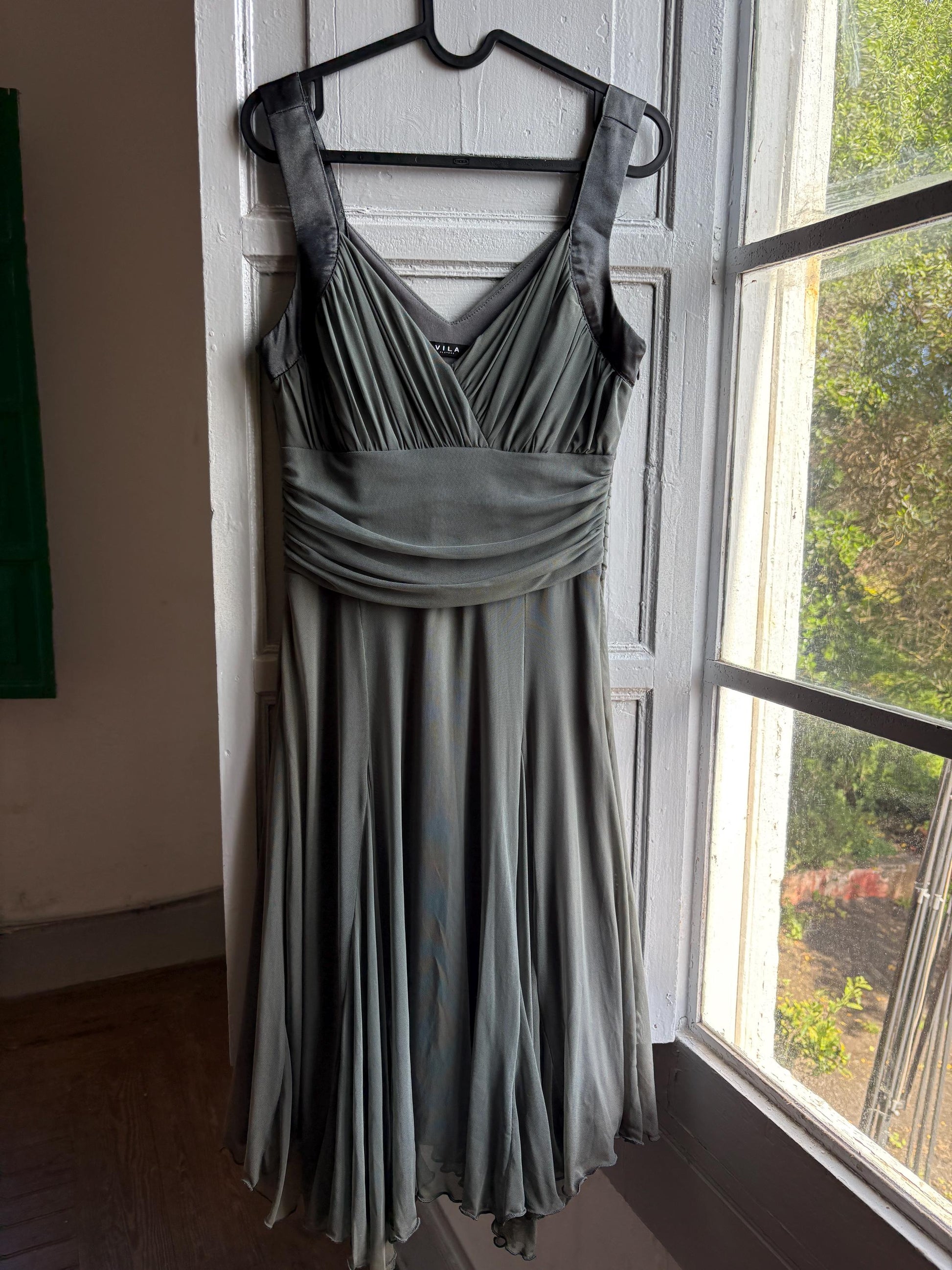 Grey flowy dress, draped design with ruched waist, minimalist evening wear, size M