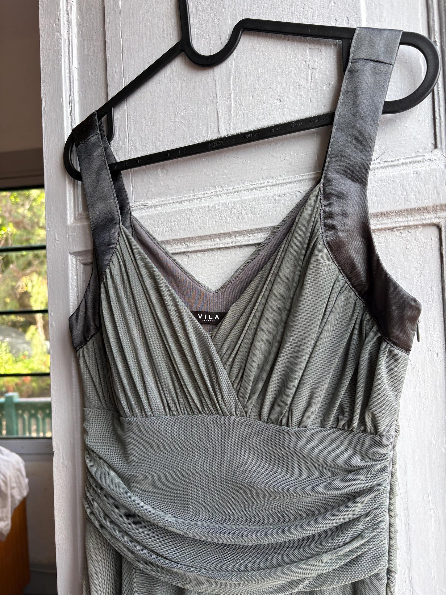 Grey flowy dress, draped design with ruched waist, minimalist evening wear, size M