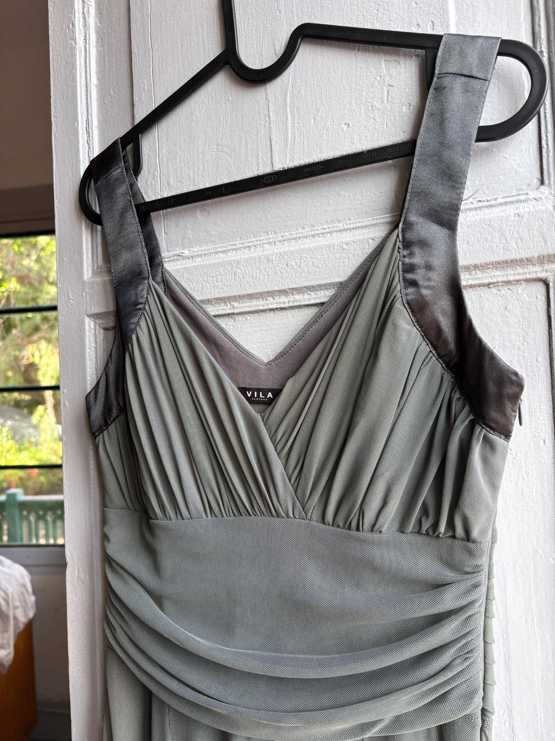 Grey flowy dress, draped design with ruched waist, minimalist evening wear, size M