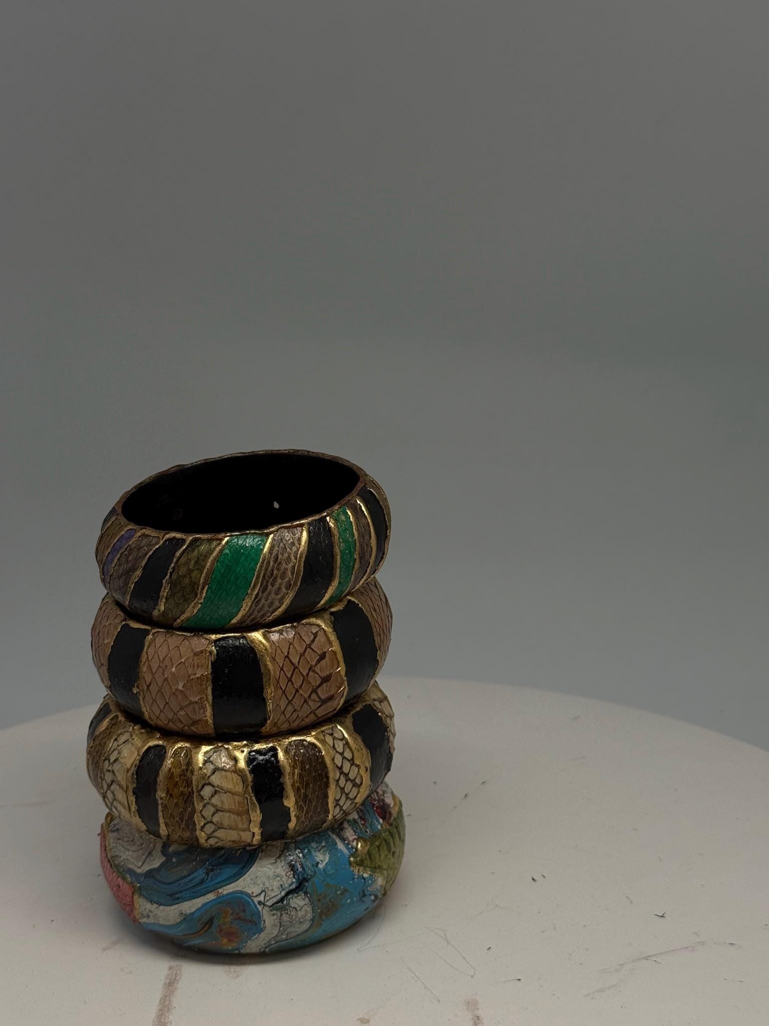 Vintage Green And Gold Snakeskin Bangles — back view