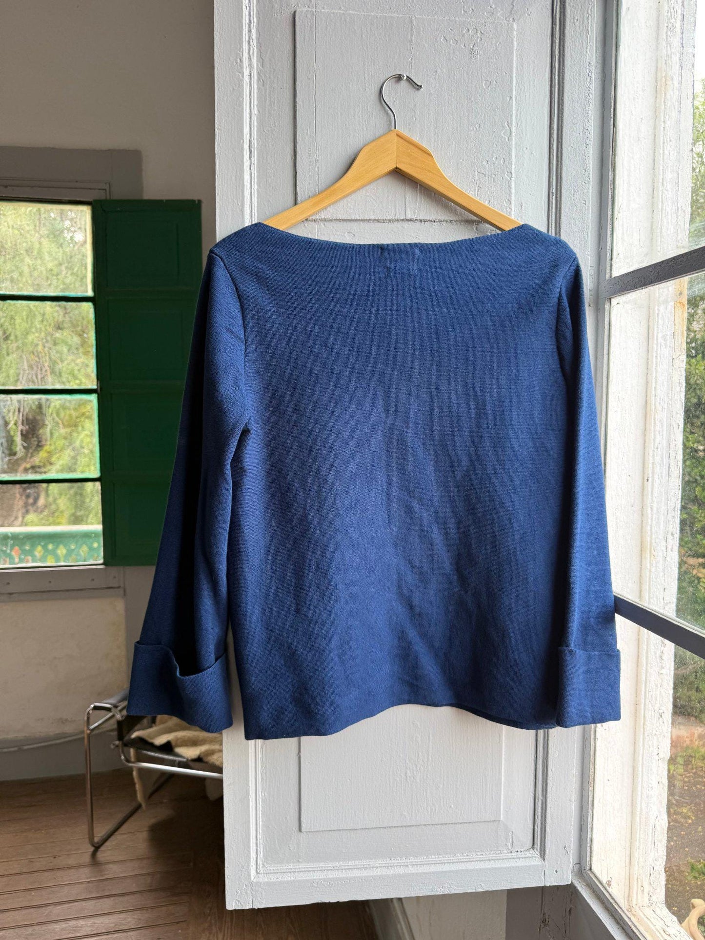 Luxe Blue Cotton Long Sleeve Top — fabric close-up