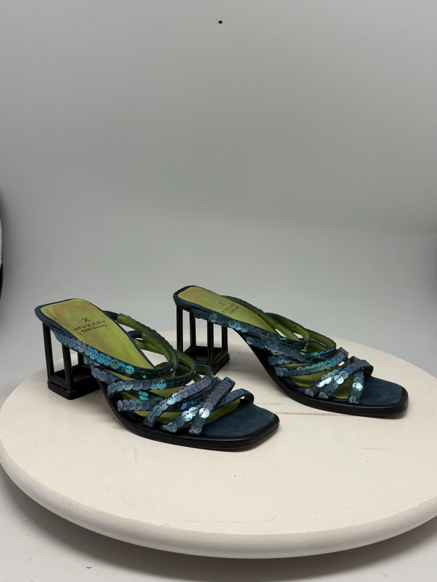 Barcelona Blue Green Leather Heels — fabric close-up