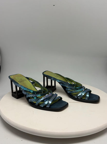 Barcelona Blue Green Leather Heels — fabric close-up