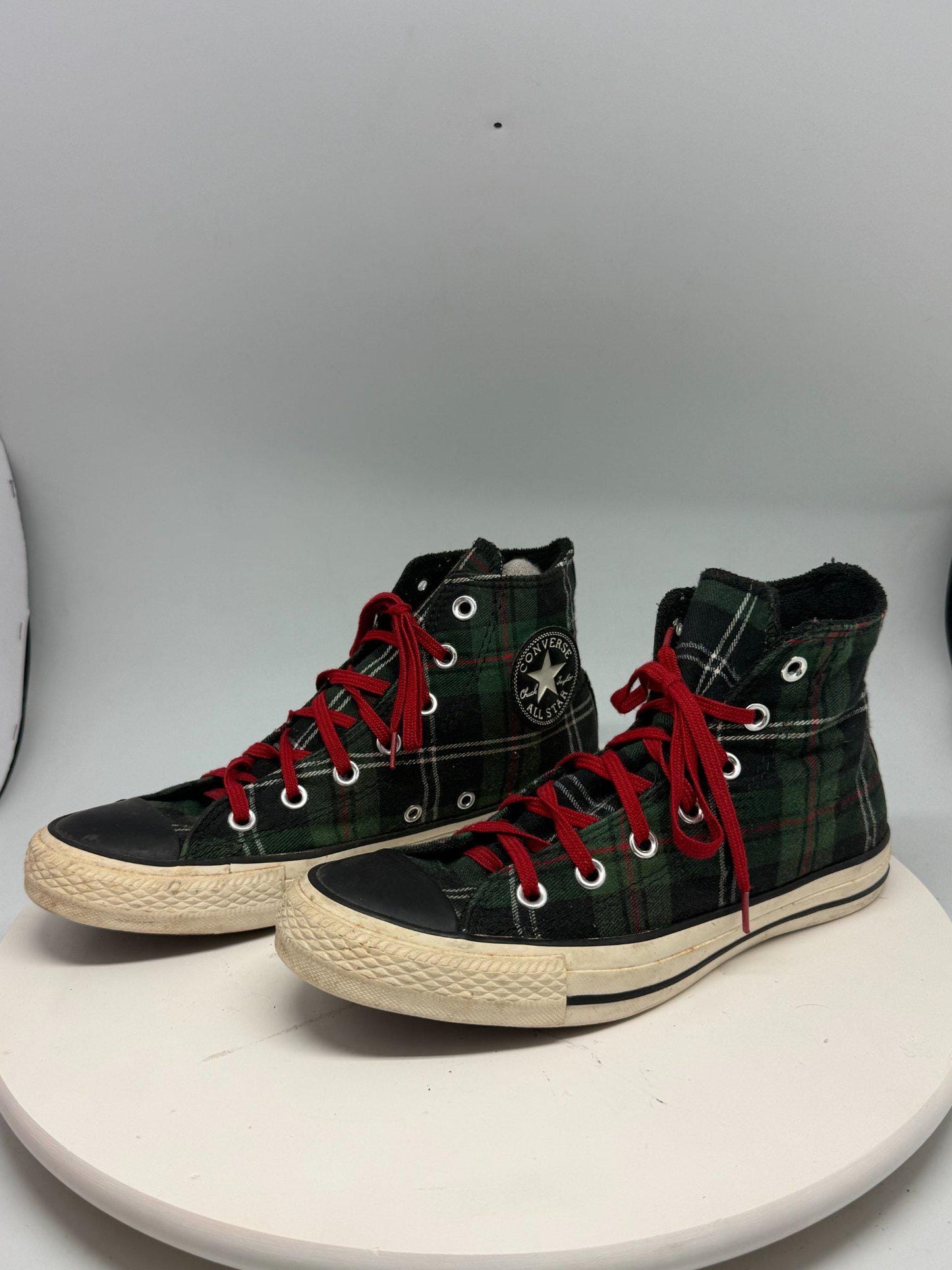 Vintage Plaid High Top Converse Sneakers — fabric close-up