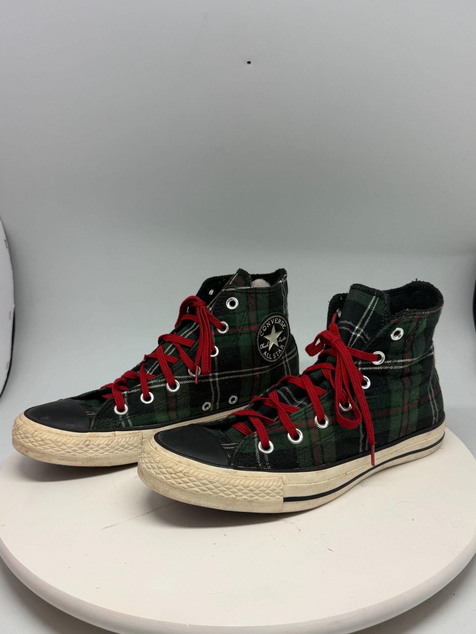 Vintage Plaid High Top Converse Sneakers — fabric close-up