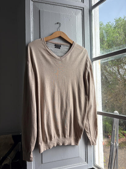 Light Beige Cotton-Silk-Cashmere V-Neck Jumper — back view
