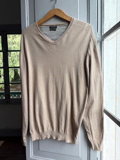 Light Beige Cotton-Silk-Cashmere V-Neck Jumper — additional view 7