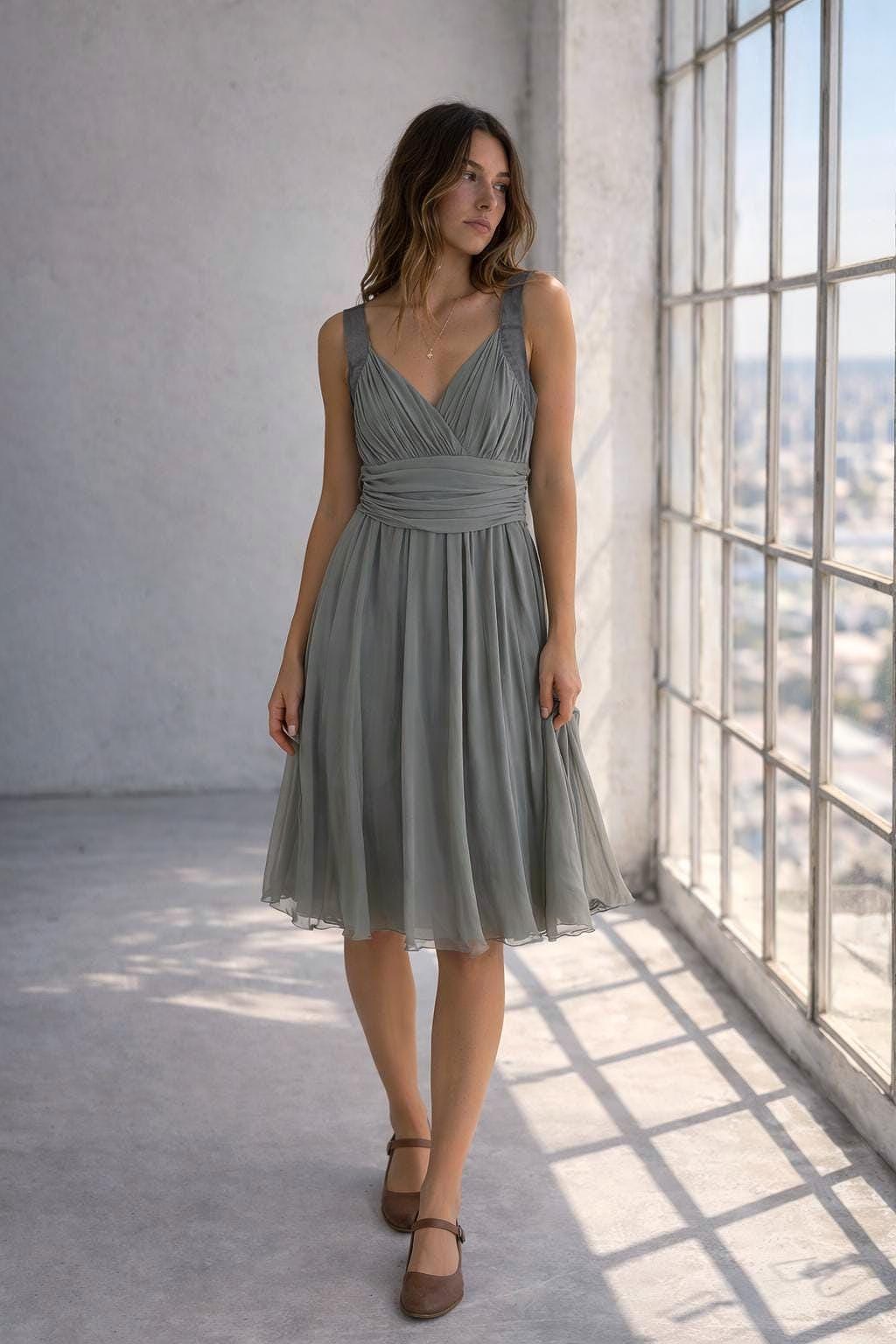 Grey flowy dress, draped design with ruched waist, minimalist evening wear, size M