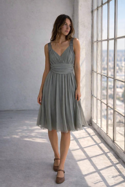Grey flowy dress, draped design with ruched waist, minimalist evening wear, size M