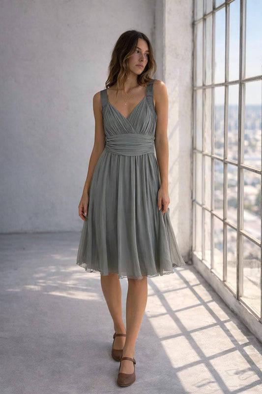 Grey flowy dress, draped design with ruched waist, minimalist evening wear, size M
