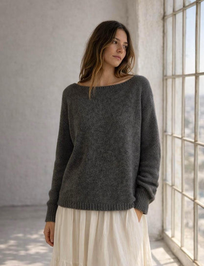 Dark Grey Wool Sweater With Ribbed Cuffs