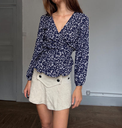 Navy Floral Wrap Blouse