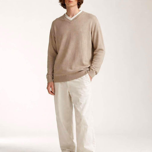 Light Beige Cotton-Silk-Cashmere V-Neck Jumper
