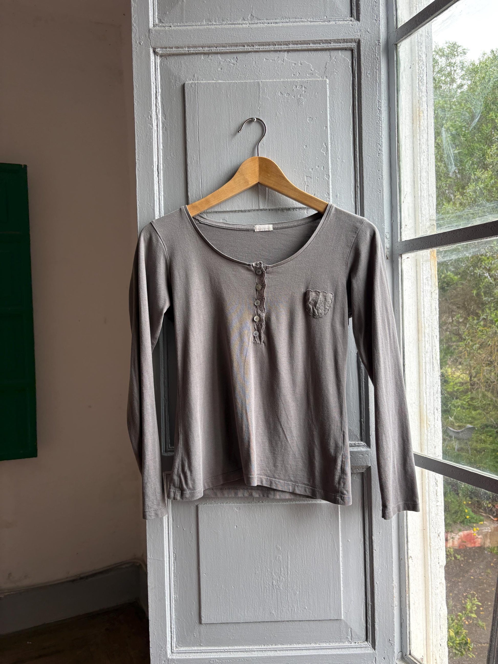 Grey Modal Cotton Blend Henley T-Shirt — detail