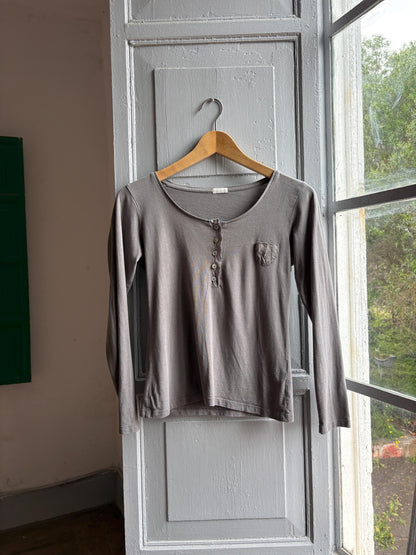 Grey Modal Cotton Blend Henley T-Shirt — detail