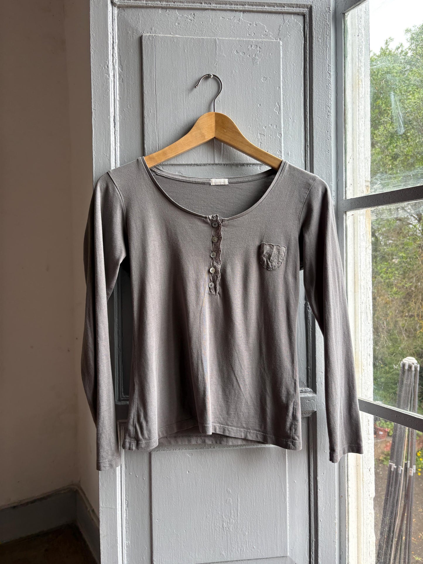 Grey Modal Cotton Blend Henley T-Shirt — fabric close-up