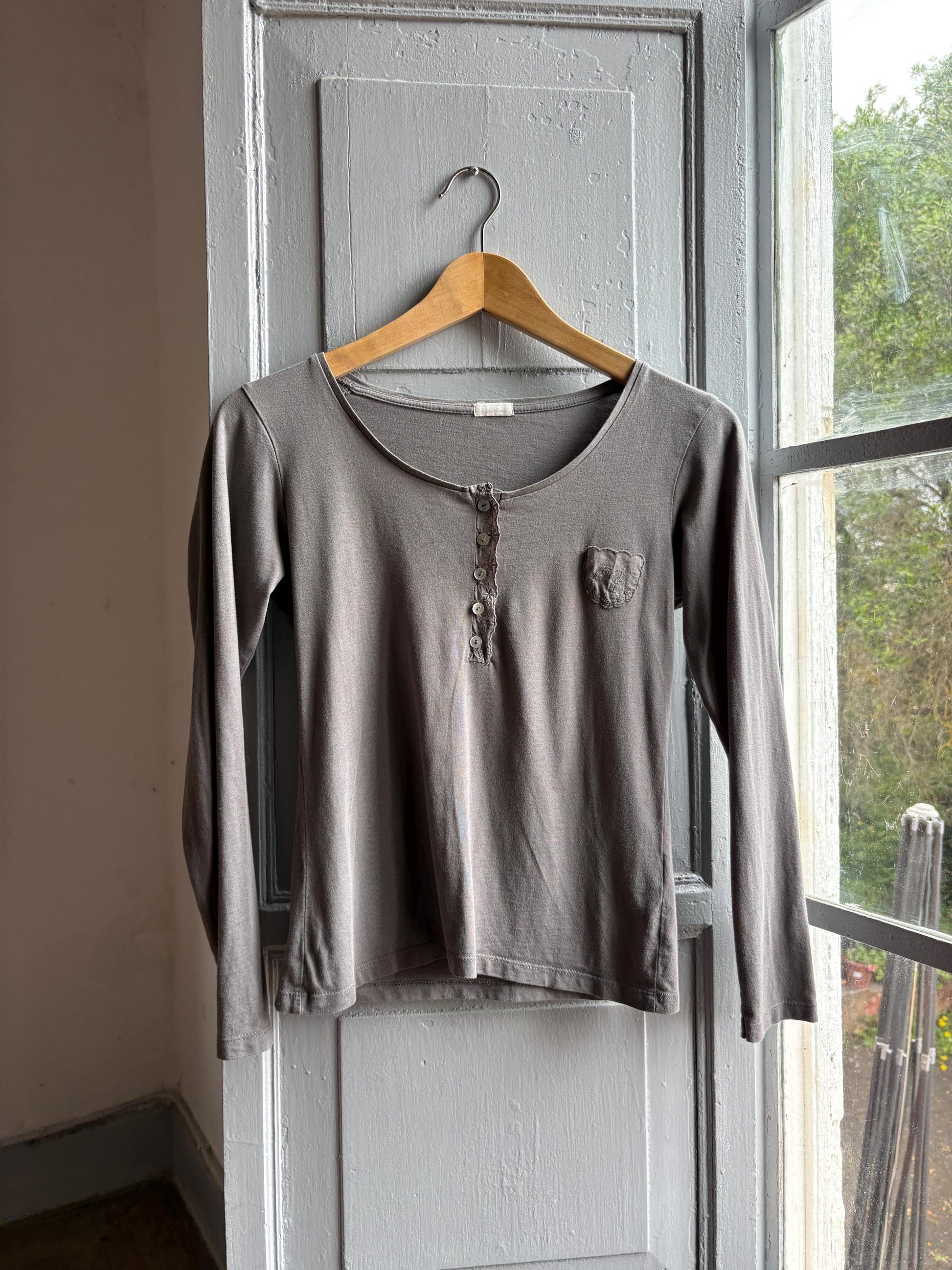 Grey Modal Cotton Blend Henley T-Shirt — fabric close-up