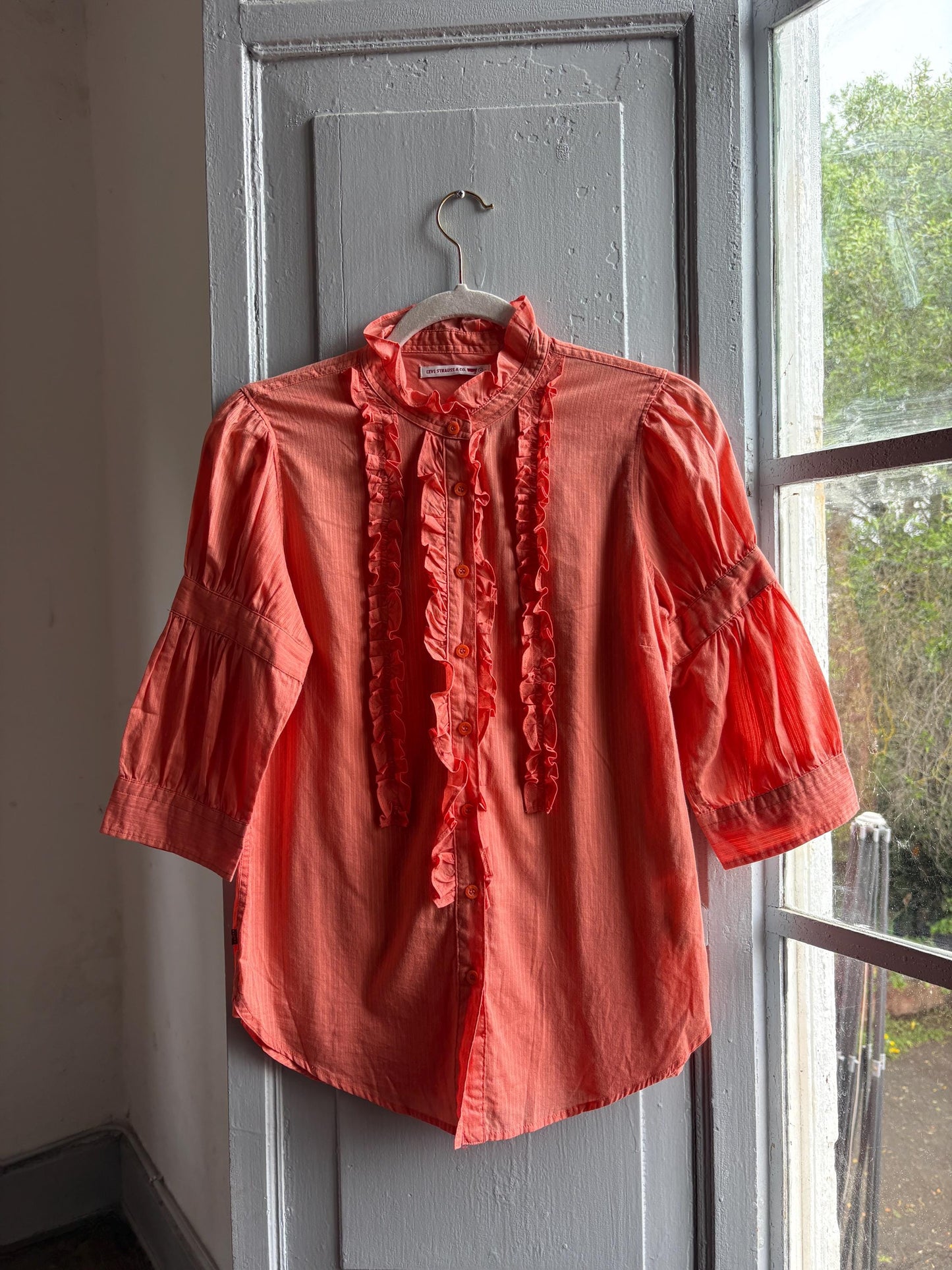 Orange Pink Ruffled Cotton Blouse — fabric close-up
