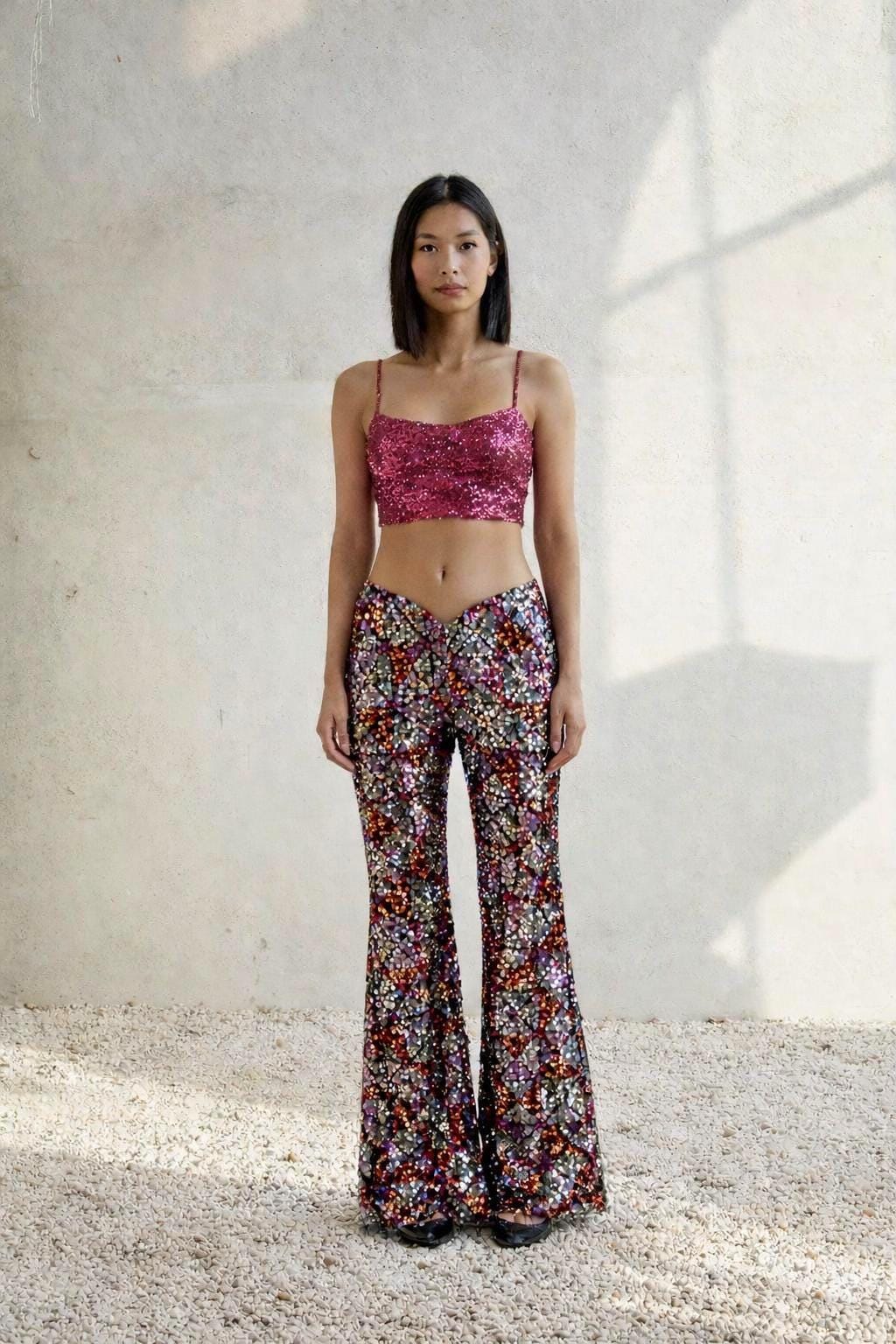 Sequin Flared Pants In Pink And Red