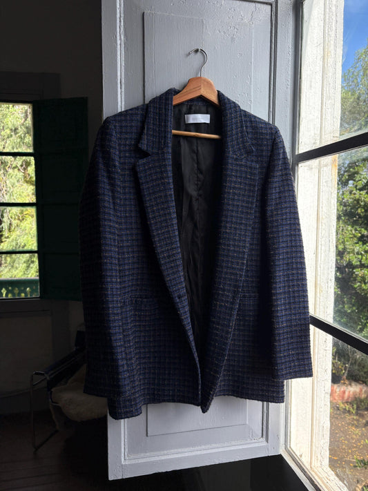 Navy Blue Plaid Tweed Blazer for Men — detail