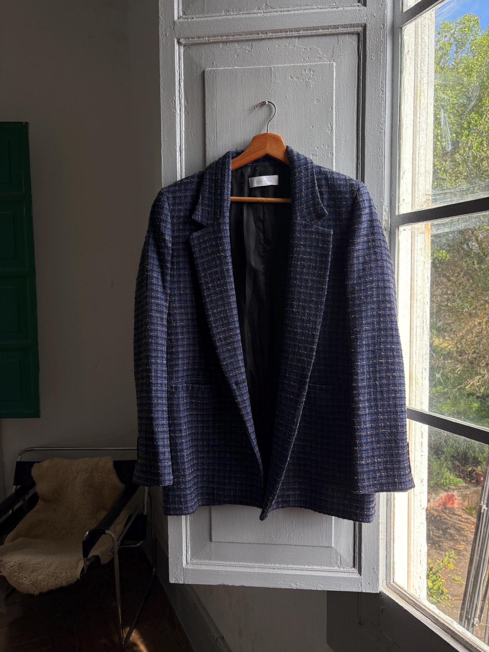 Navy Blue Plaid Tweed Blazer for Men — back view