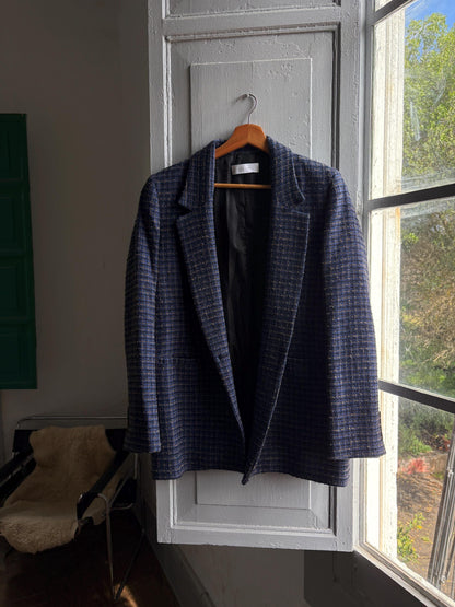 Navy Blue Plaid Tweed Blazer for Men — back view