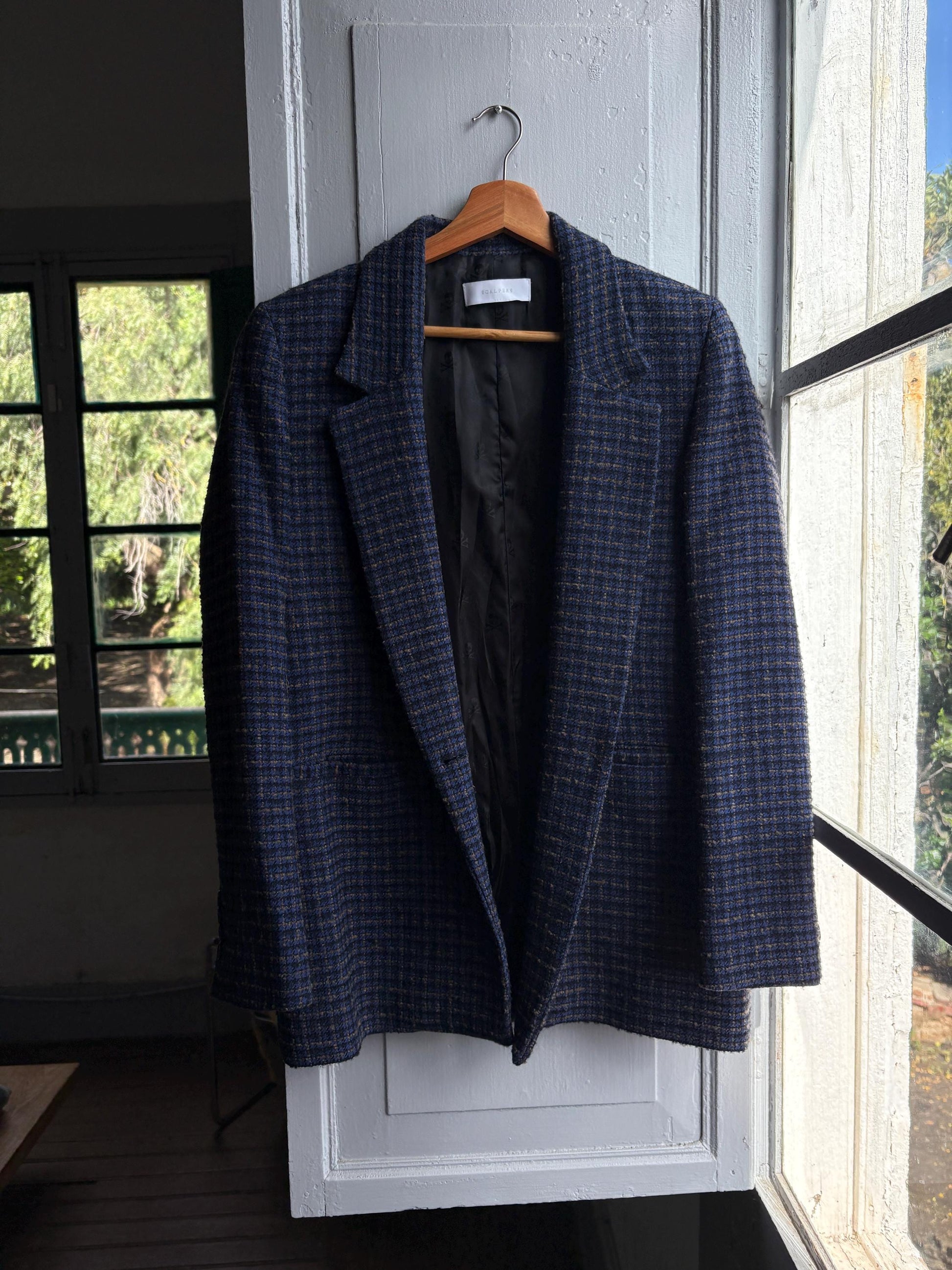 Navy Blue Plaid Tweed Blazer for Men — additional view 6