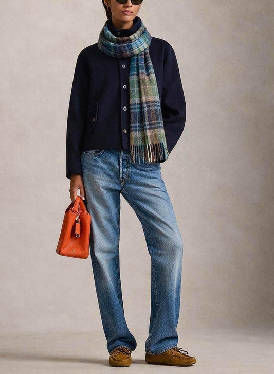 Plaid Wool Angora Scarf with Fringe Detail