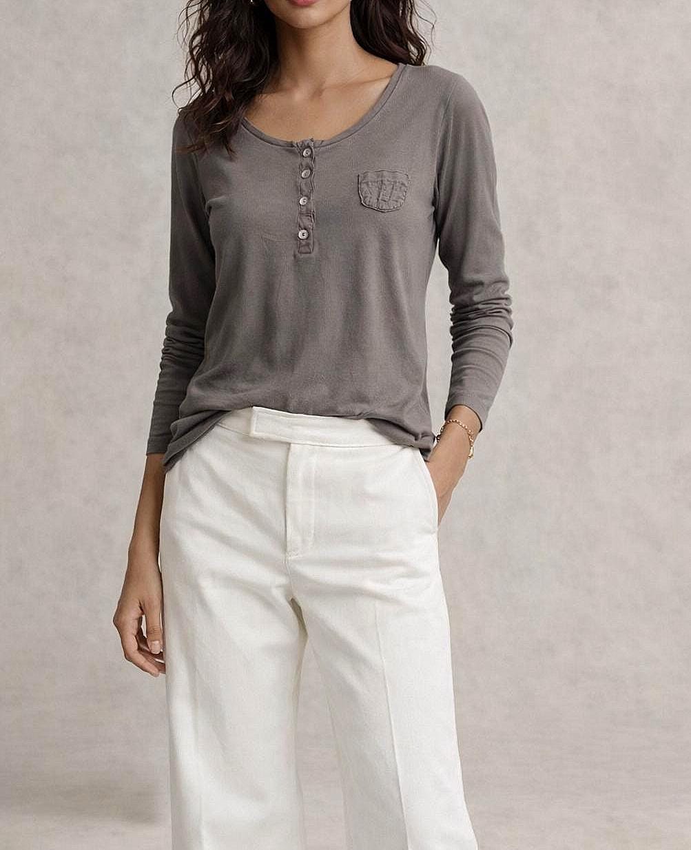 Grey Modal Cotton Blend Henley T-Shirt