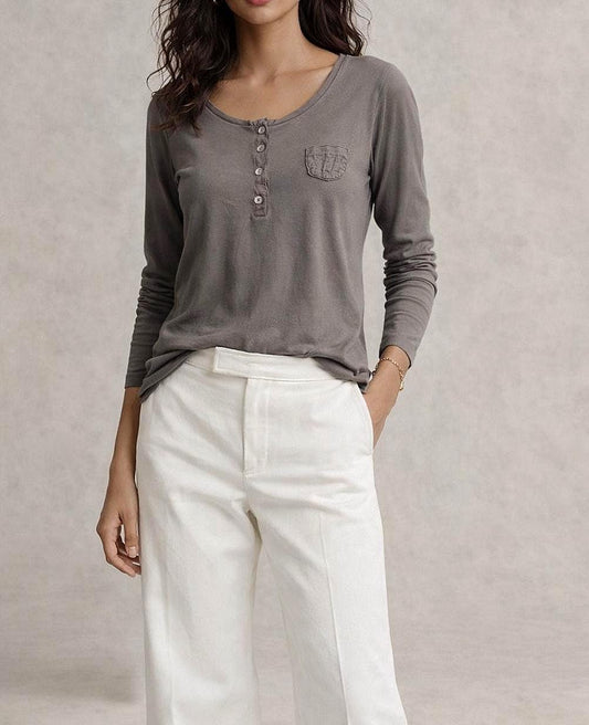 Grey Modal Cotton Blend Henley T-Shirt