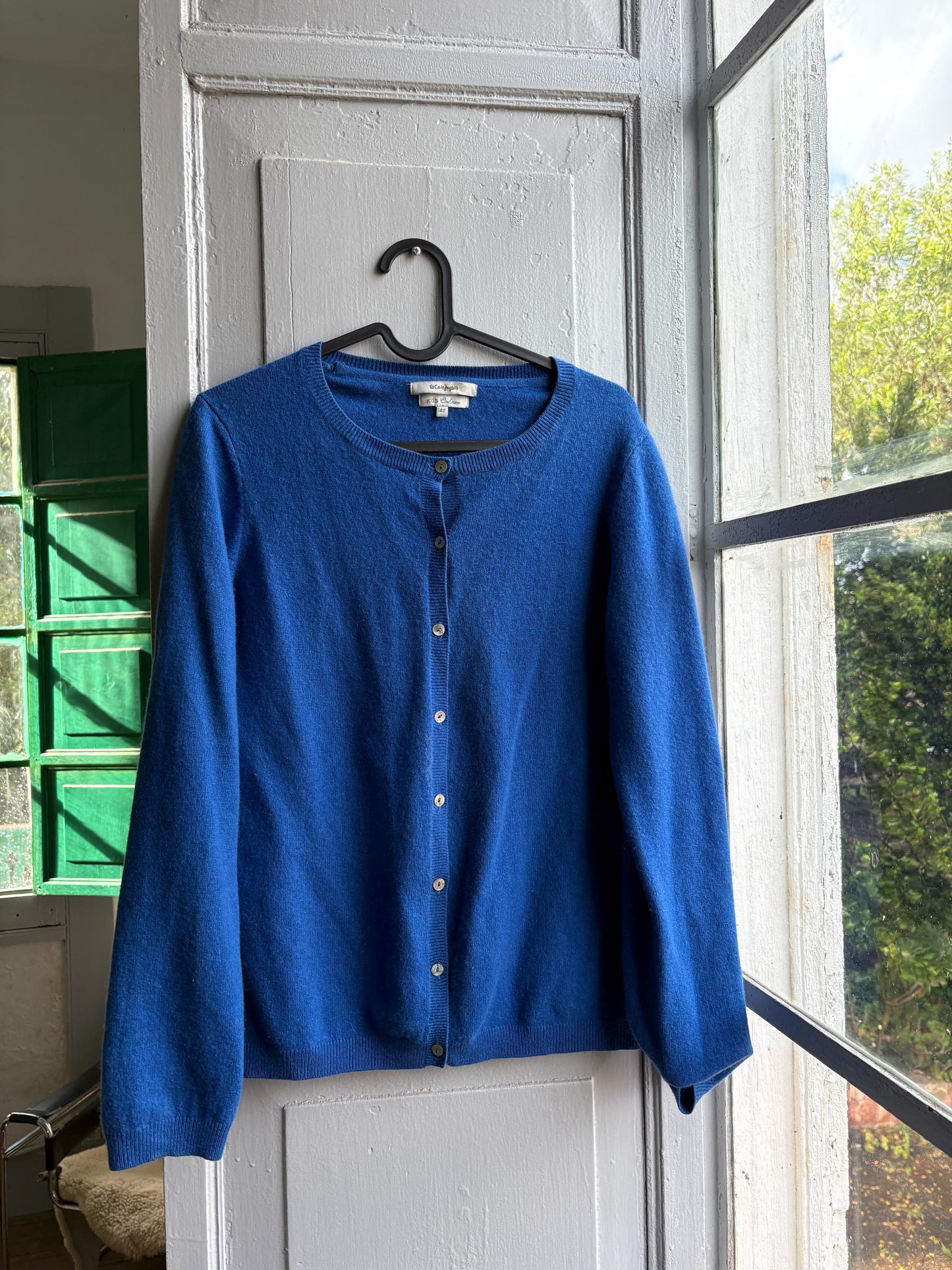 Vintage Blue Cashmere Cardigan with Pearl Buttons — fabric close-up