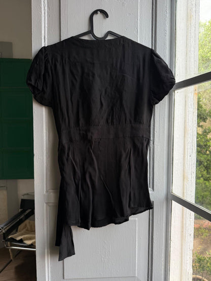 Black V-Neck Summer Camisole With Highlighted Waistline — fabric close-up
