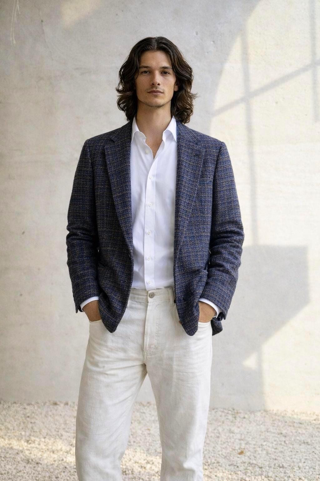 Navy Blue Plaid Tweed Blazer for Men