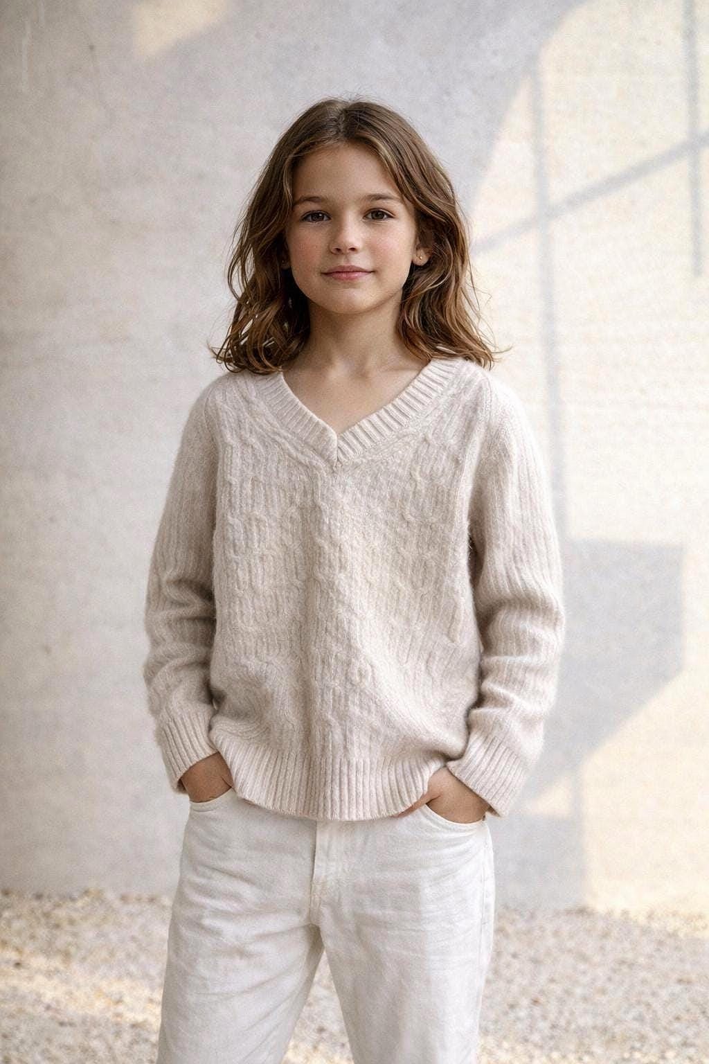 Off-White Cable Knit Wool Jumper for Girls