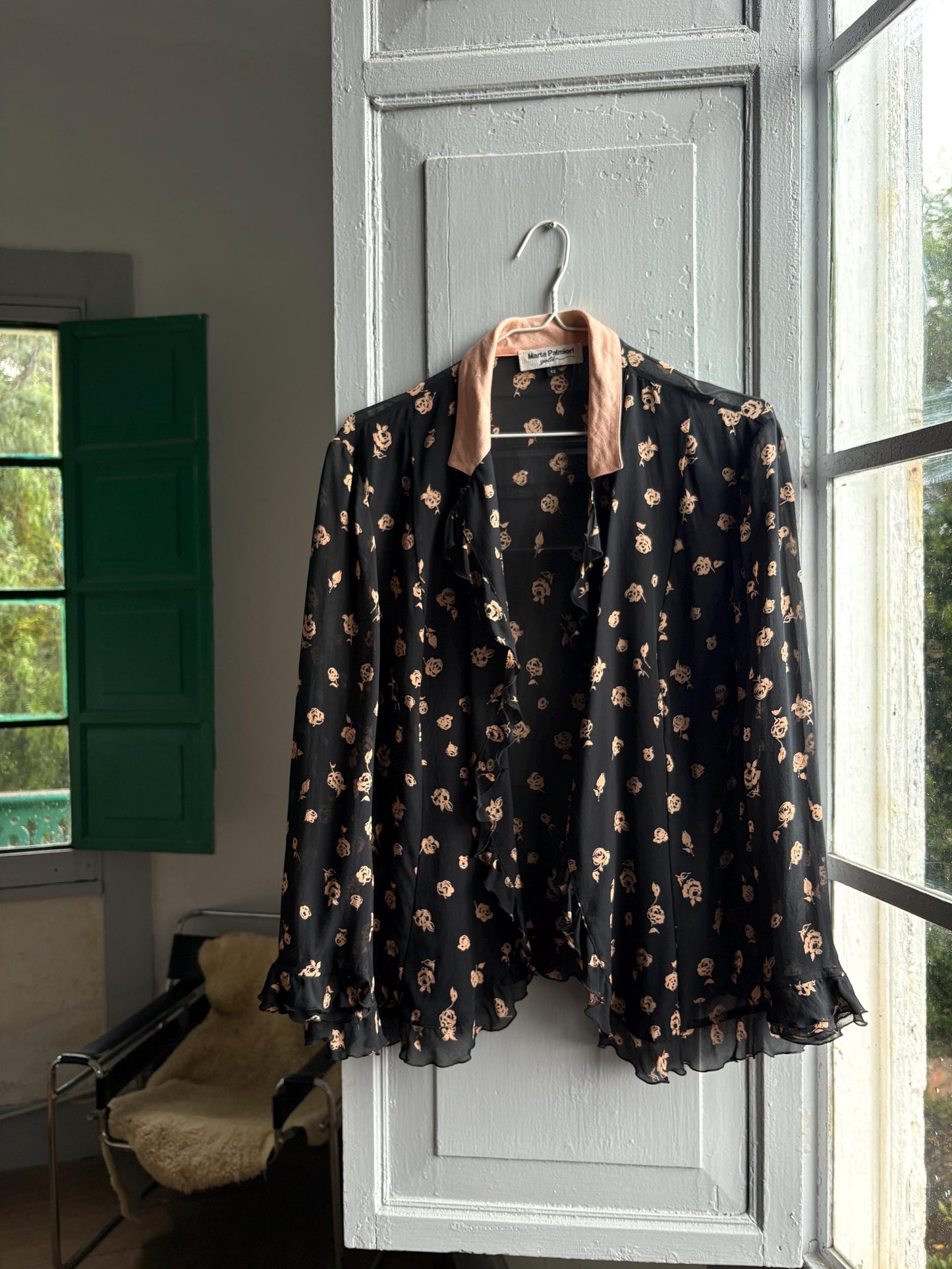 Vintage Silk Floral Ruffle Blouse — fabric close-up