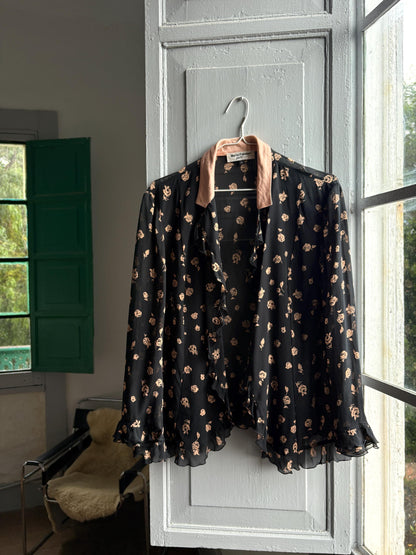 Vintage Silk Floral Ruffle Blouse — fabric close-up