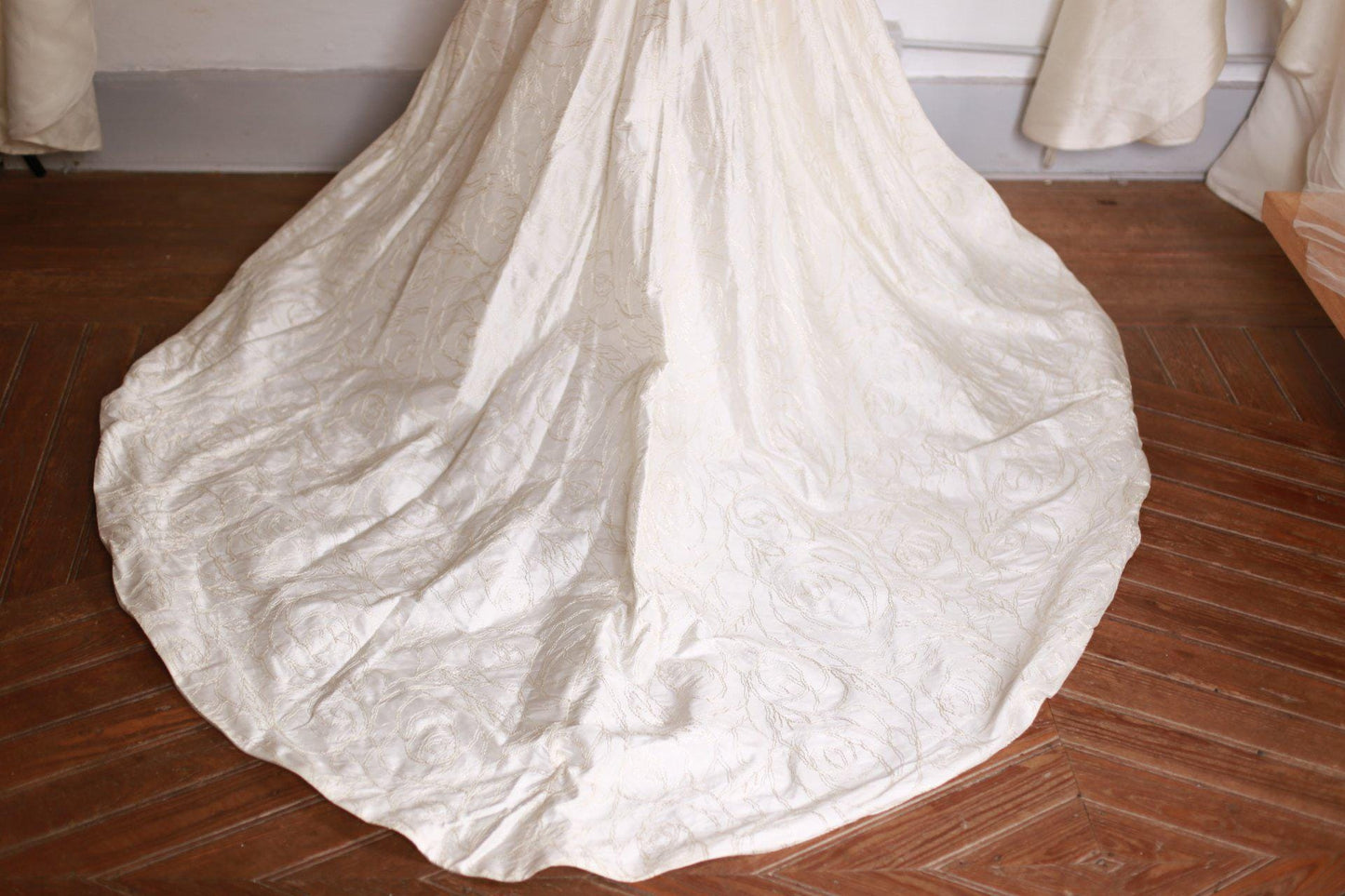 Ivory Silk Blend Strapless Wedding Gown — back view