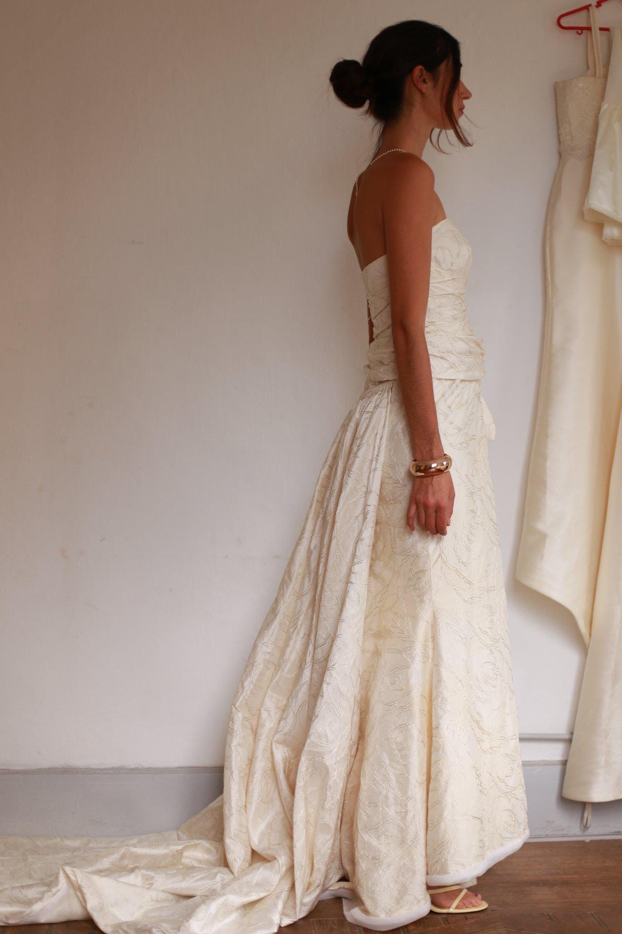 Ivory Silk Blend Strapless Wedding Gown — fabric close-up