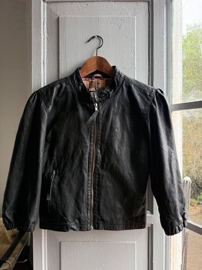 Cropped Black Leather Jacket — fabric close-up