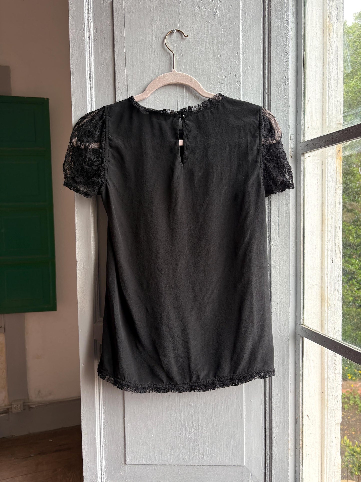 Black Silk Shirt With Lace Sleeves — back view