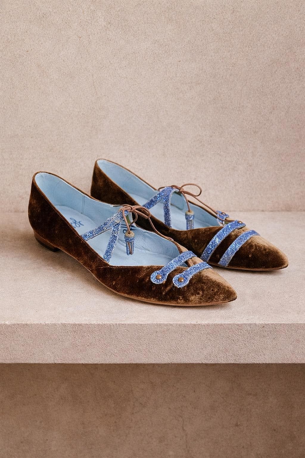 Brown & Blue Glittery Velvet Flats