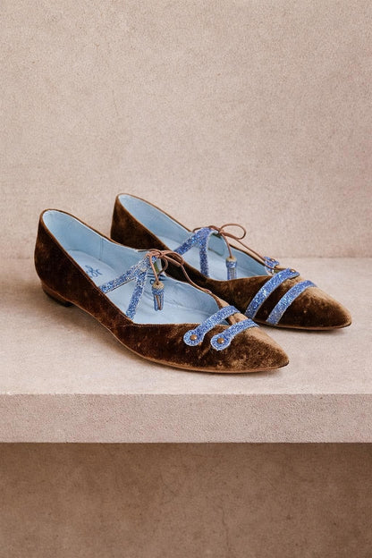 Brown & Blue Glittery Velvet Flats