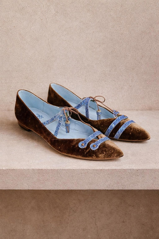 Brown & Blue Glittery Velvet Flats