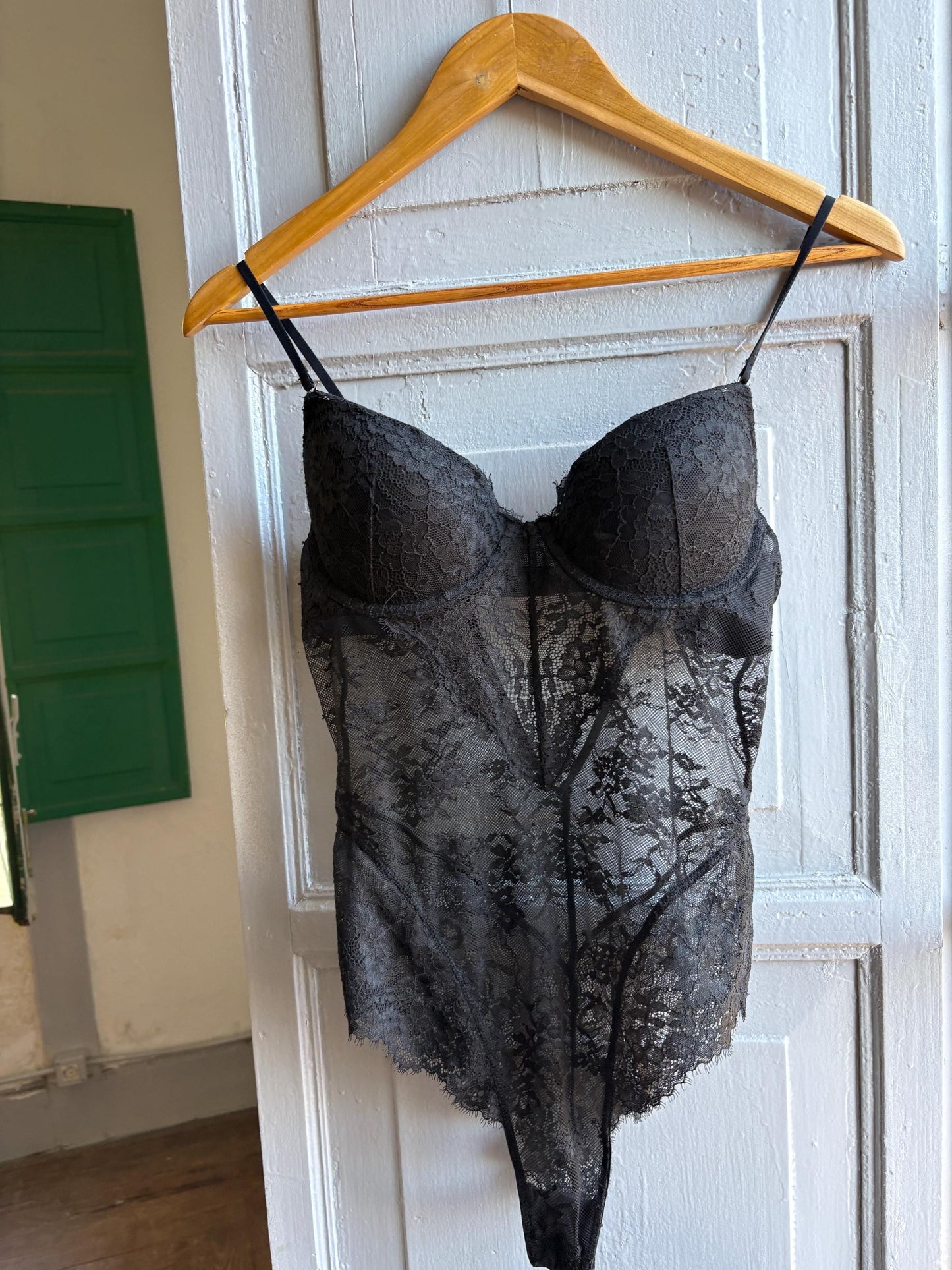 Vintage Black Lace Bodysuit with Structured Cups — fabric close-up