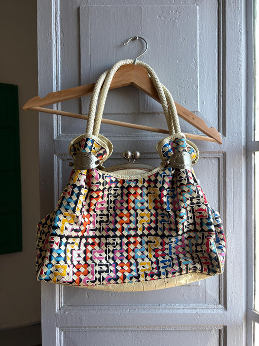 Vintage Multicolor Woven Handbag, Bohemian Style