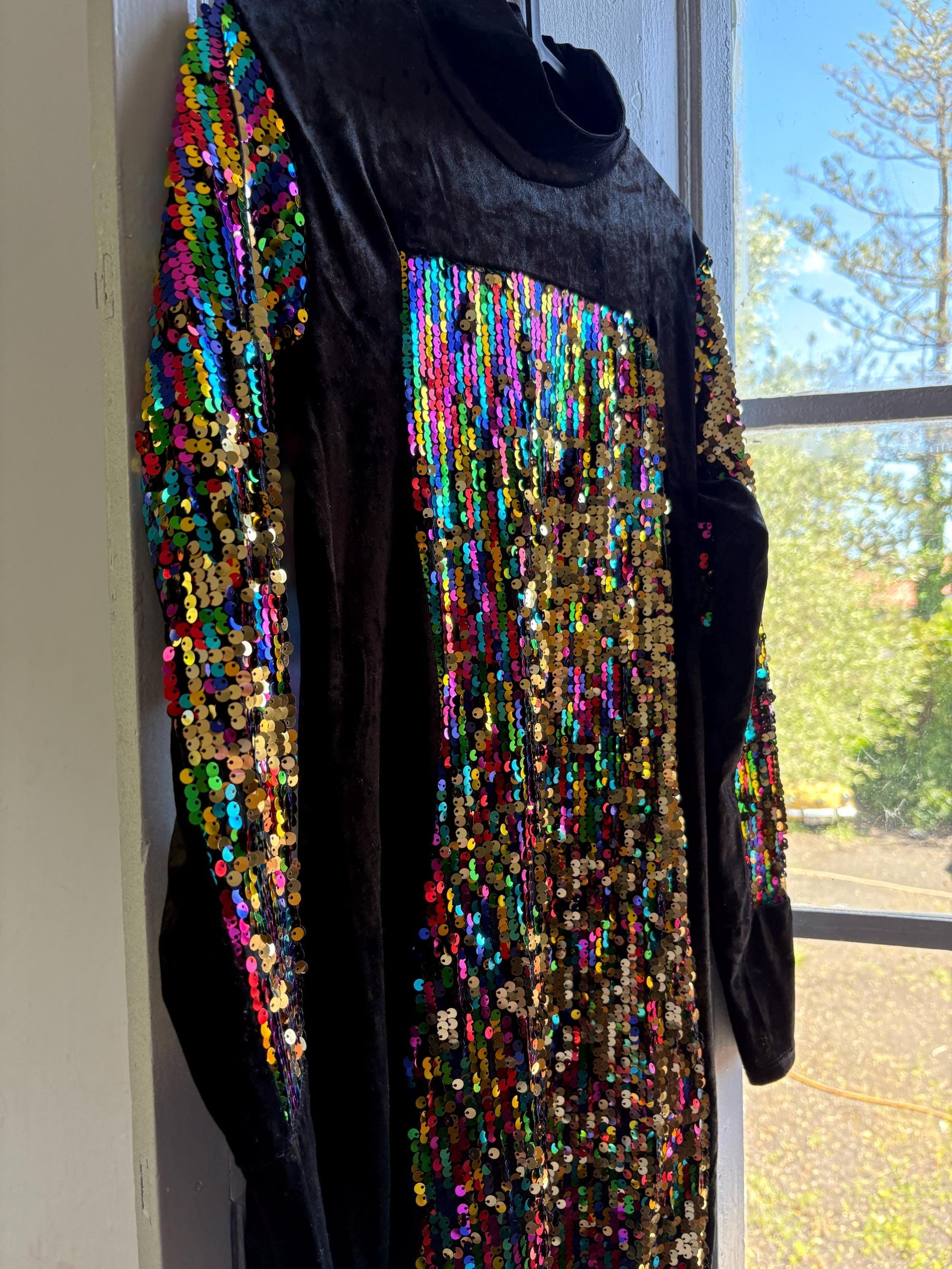 Vintage Black Velvet Sequin Turtleneck Dress — back view