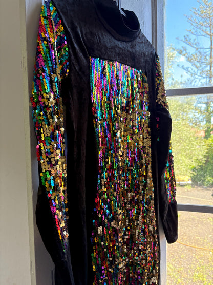Vintage Black Velvet Sequin Turtleneck Dress — back view
