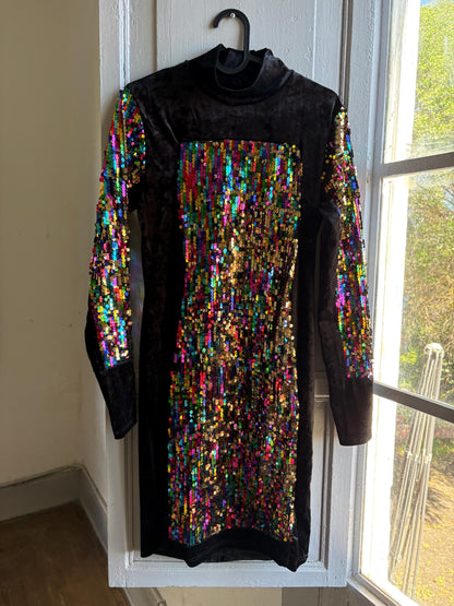 Vintage Black Velvet Sequin Turtleneck Dress — fabric close-up